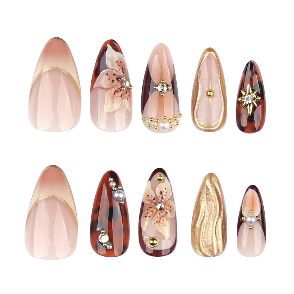 False Nails with Rhinestones Pearl Design Wearable Almond False Nails Full Cover Press on Nails
