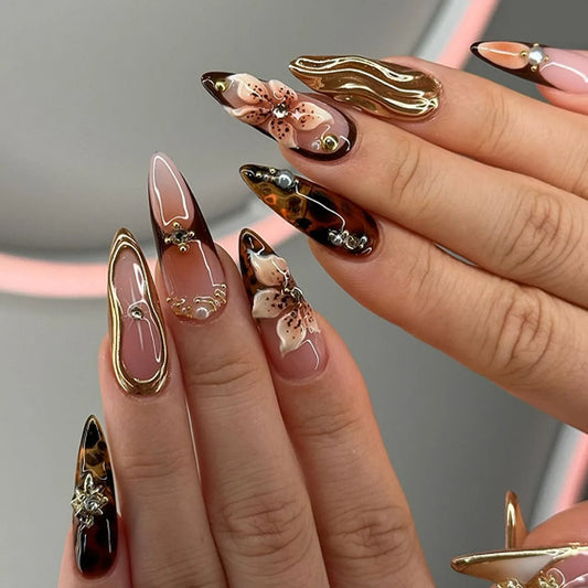 False Nails with Rhinestones Pearl Design Wearable Almond False Nails Full Cover Press on Nails