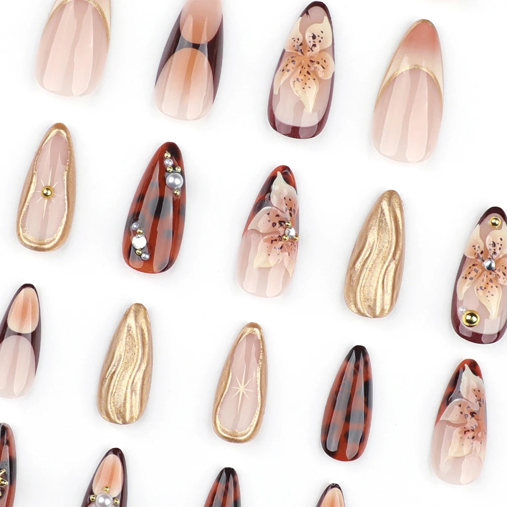 False Nails with Rhinestones Pearl Design Wearable Almond False Nails Full Cover Press on Nails